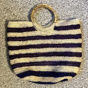 J. McLaughlin Straw Tote Bag Bamboo Handles Striped Beach Bag Lined Sea Grass